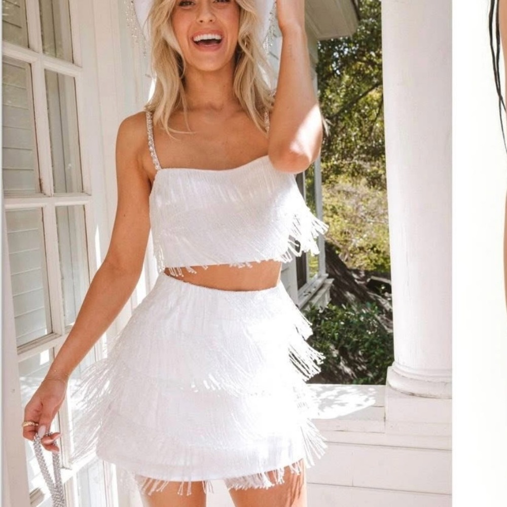 Show Me Your MuMu White Fringe Skirt Set